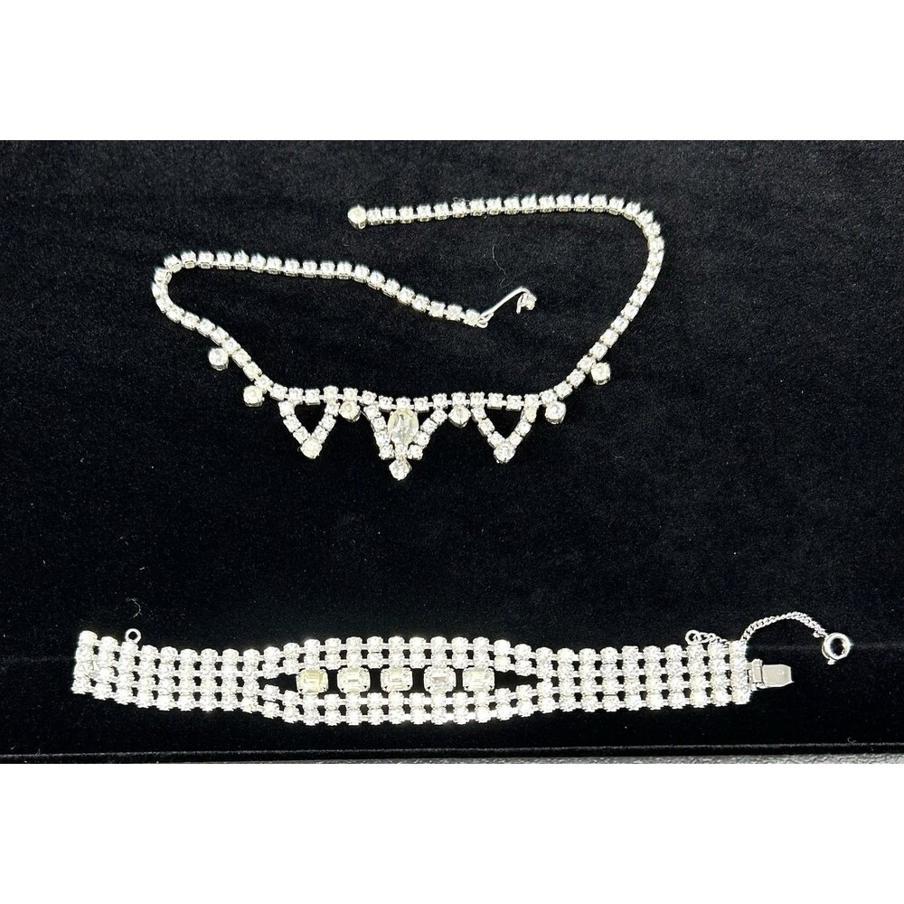 Vintage Silvertone Diamond Clear Rhinestone Necklace & Bracelet Costume Jewelry